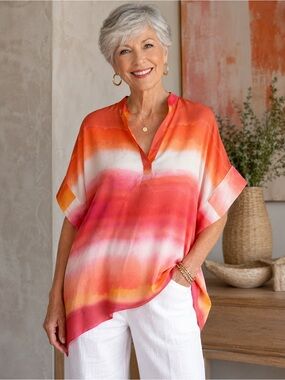 Women's Watercolor Stripe V-Neck Tunic Top in Coral Pink
